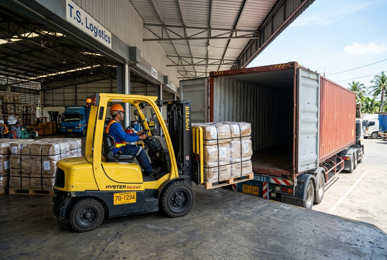 Forklift loading rubber container at warehouse
